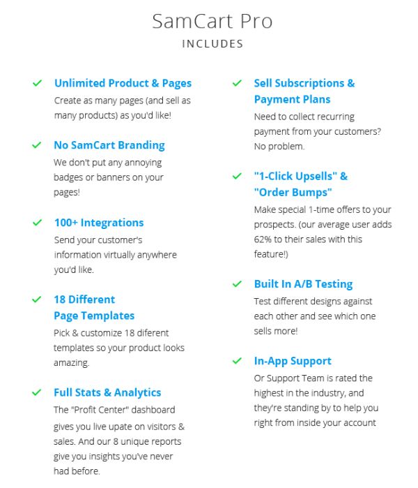 SamCart Pro Incluye estas características