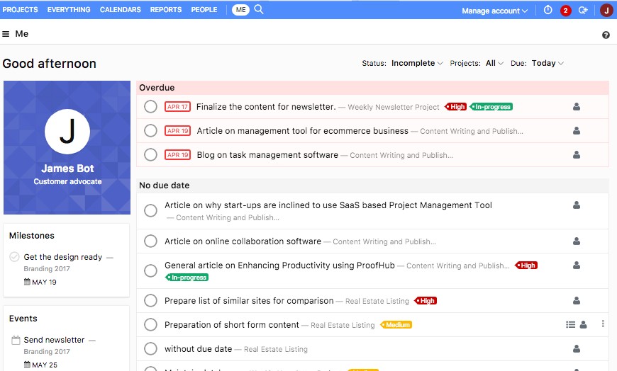 asana wettbewerber - proofhub dashbaord