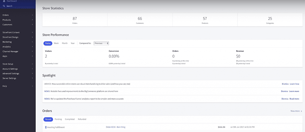 BigCommerce Dashboard