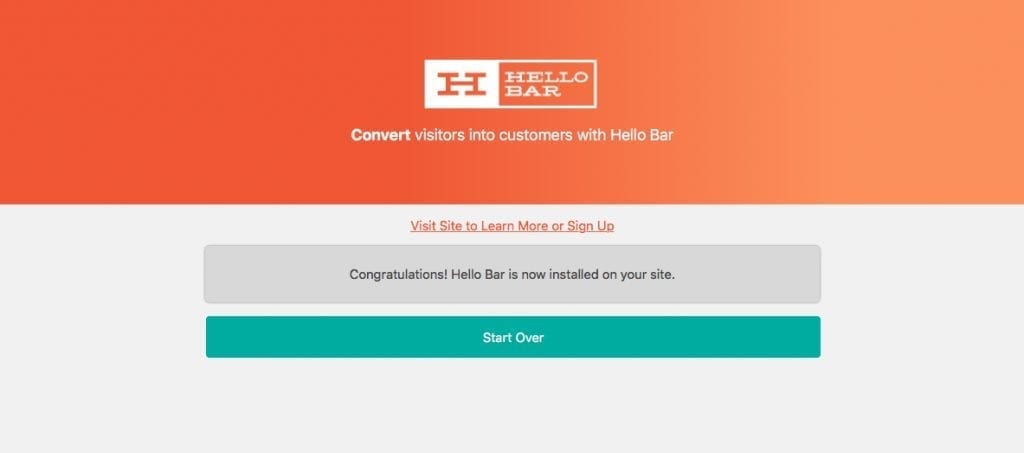 Página de instalación de Hello Bar