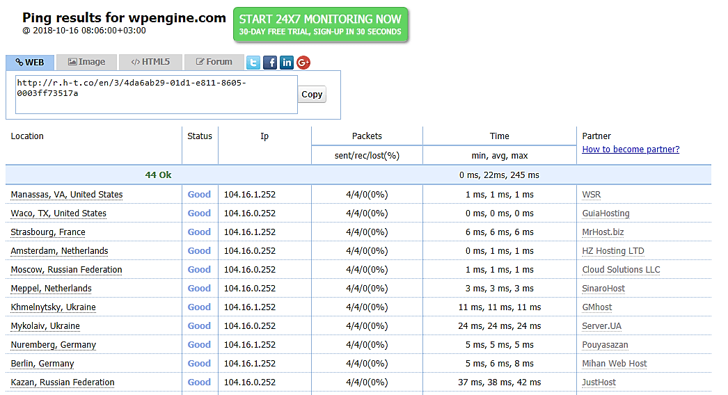 ping resultaten wp engine