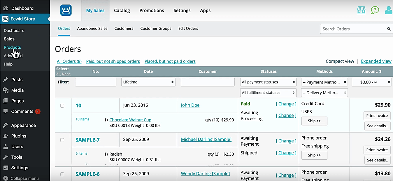 Ecwid-winkel-dashboard