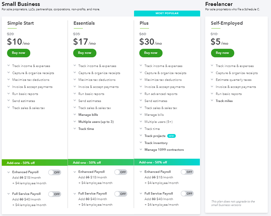 A screenshot of quickbooks pricing table