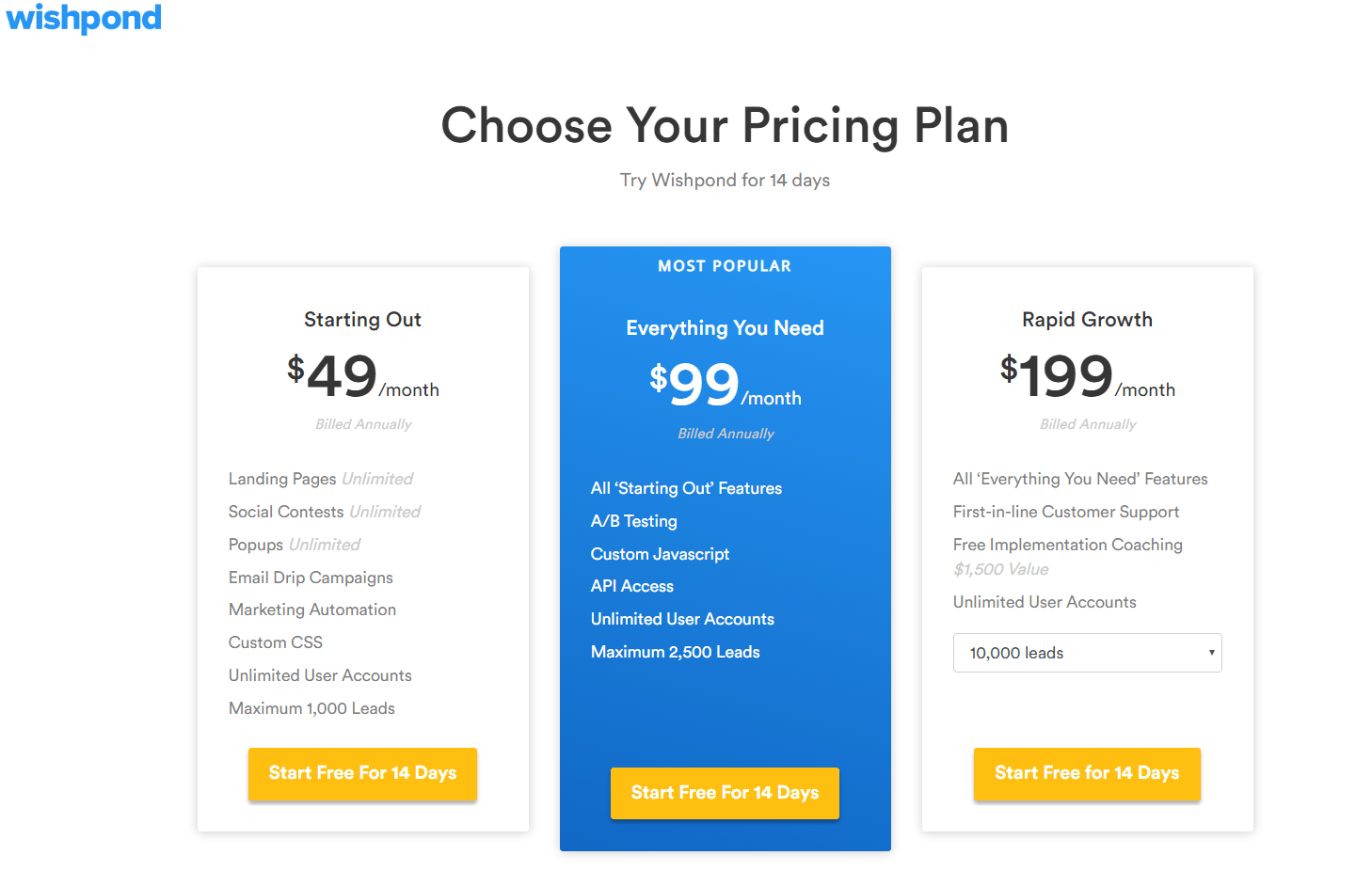 wishpond pricing table