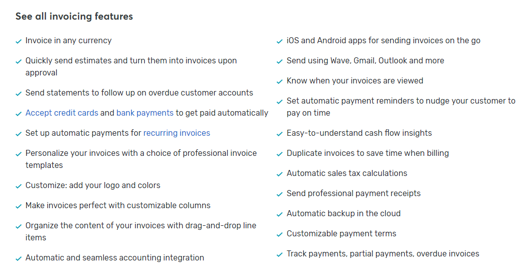 una lista de las funciones de facturación de wave