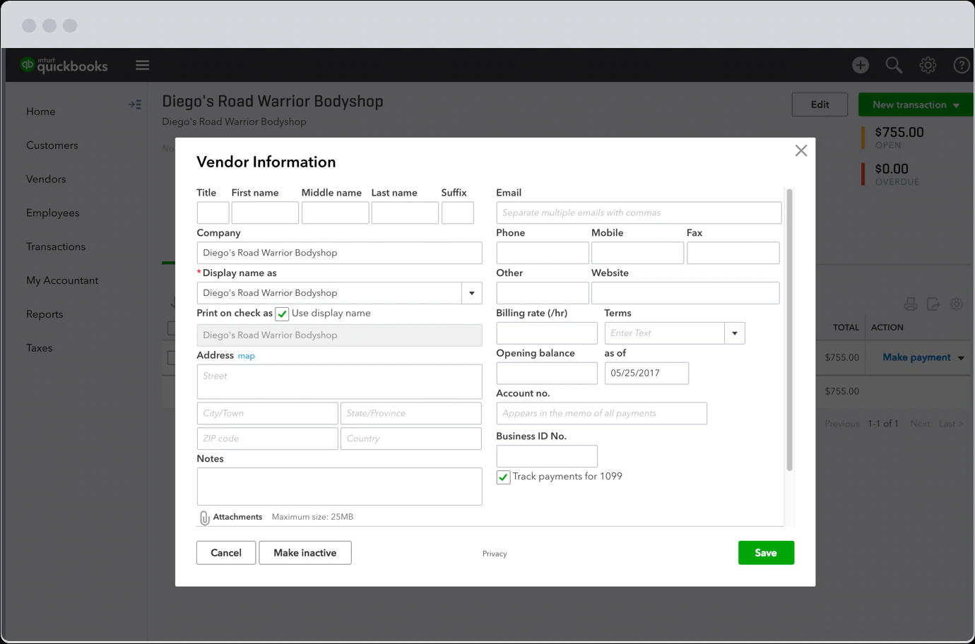 quickbooks vendor information 