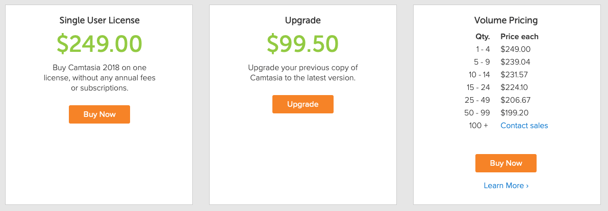 Camtasia pricing table