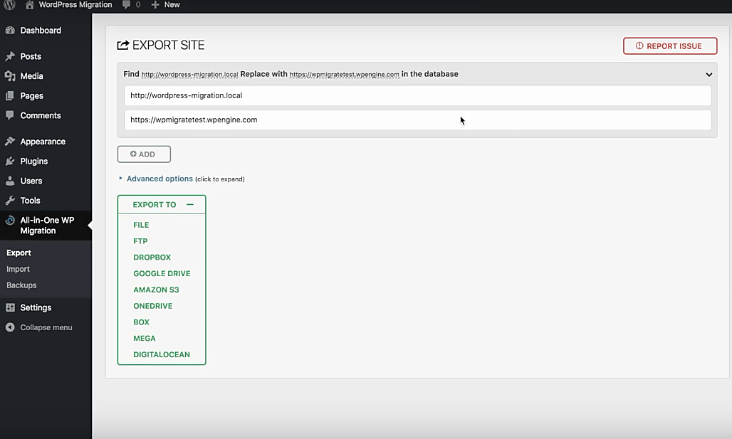 Sitio de exportación de WPEngine