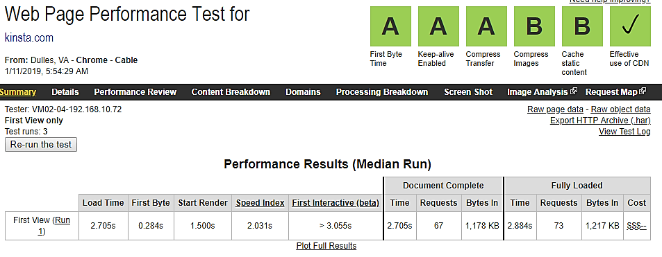 kinsta web page performance test