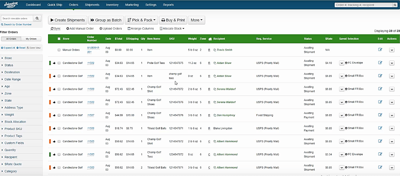 Dashboard von ShippingEasy