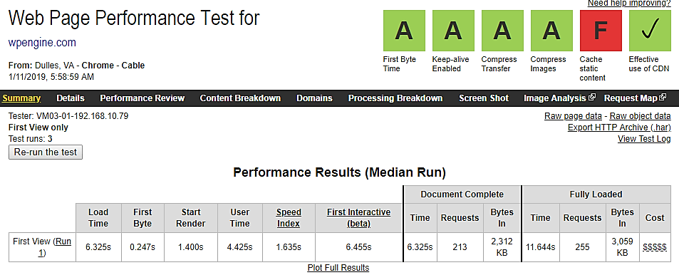 WP engine webpagina prestatietest 