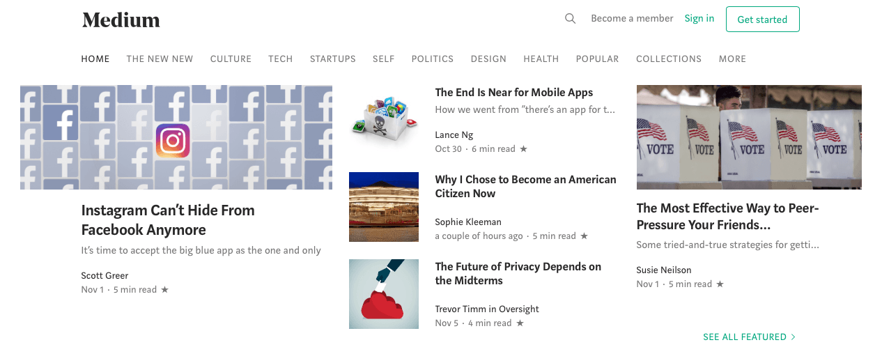 blogs on medium homepage 