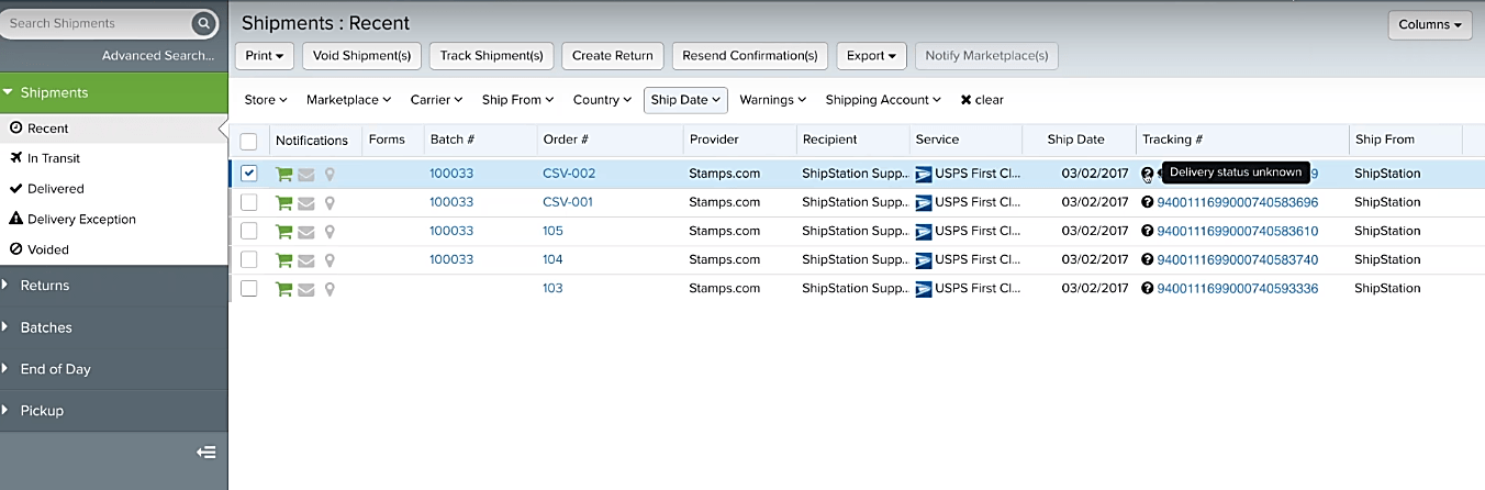 shipstation recent shipments