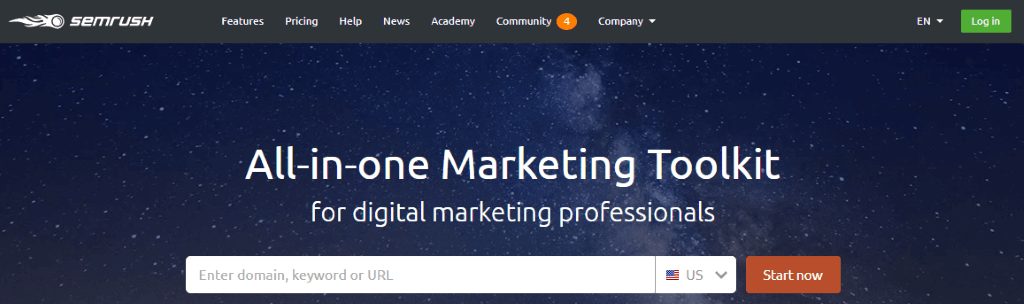 página de inicio de semrush