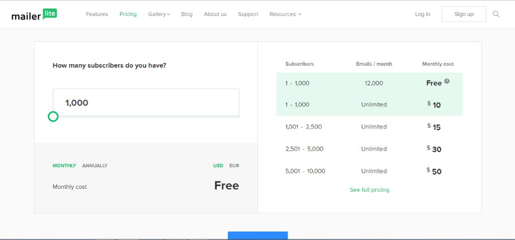 Mailerlite pricing table