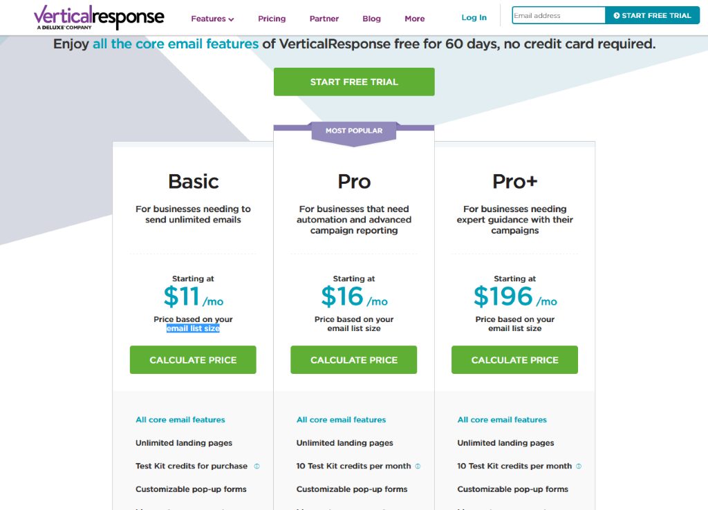 Vertical Response pricing table