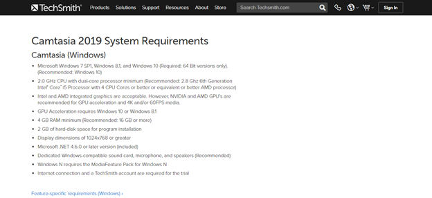 Camtasia system requirements