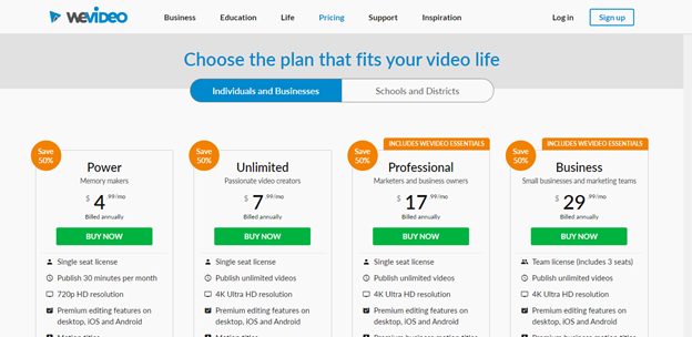 wevideo pricing table