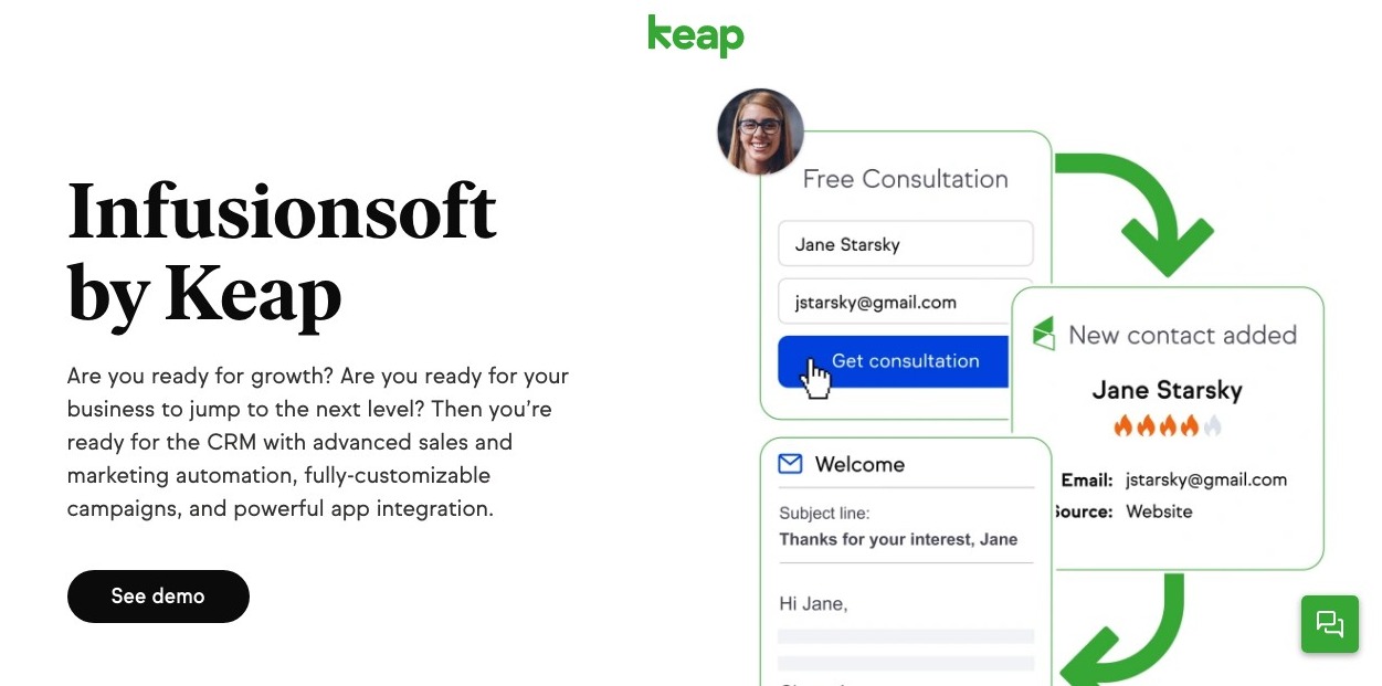 Infusionsoft van Keap homepage