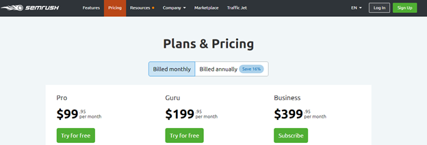 See plans and prices https://www.semrush.com/prices/