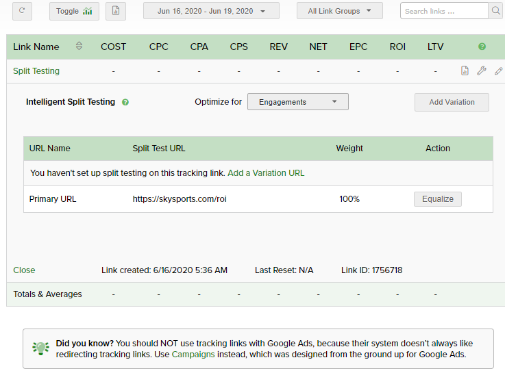 Split Testing Using Tracking LInks