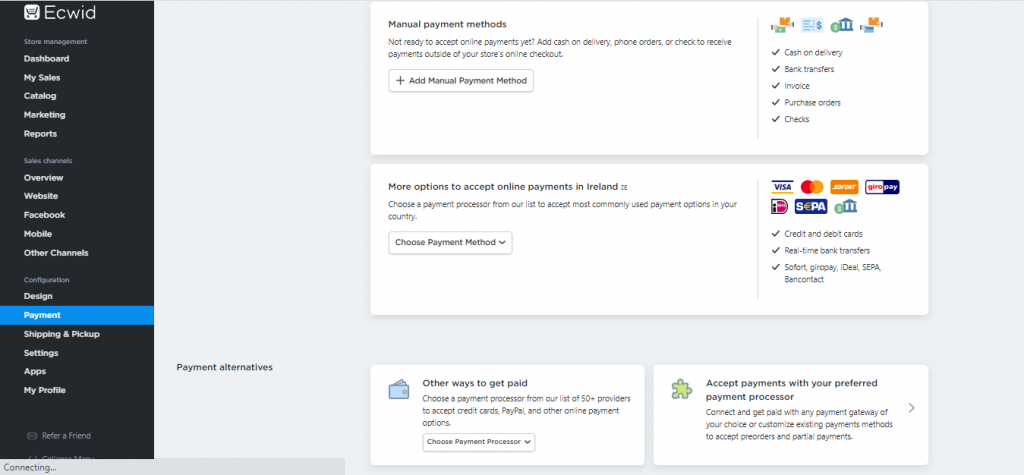 A Screenshot to Illustrate the depth of Choice Available to Ecwid Users when accepting payment