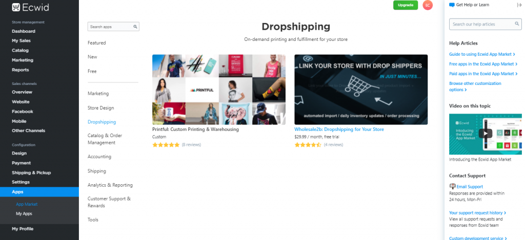 Une capture d'écran de la solution d'application de Dropshipping tiers d'Ecwid pour montrer ce qui est offert aux Dropshippers