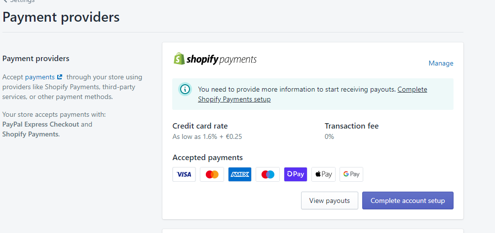 Een screenshot van de eerste installatiestap van Shopify Payment