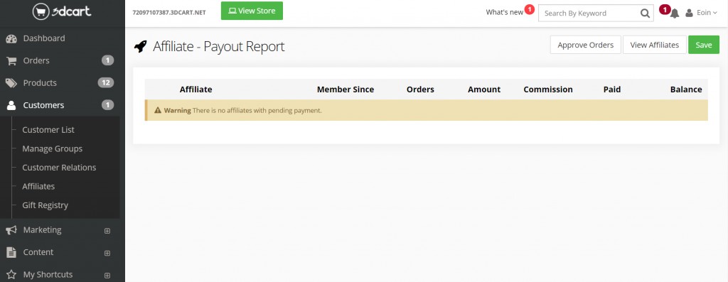 A screenshot of 3dcart's affiliate marketing tab