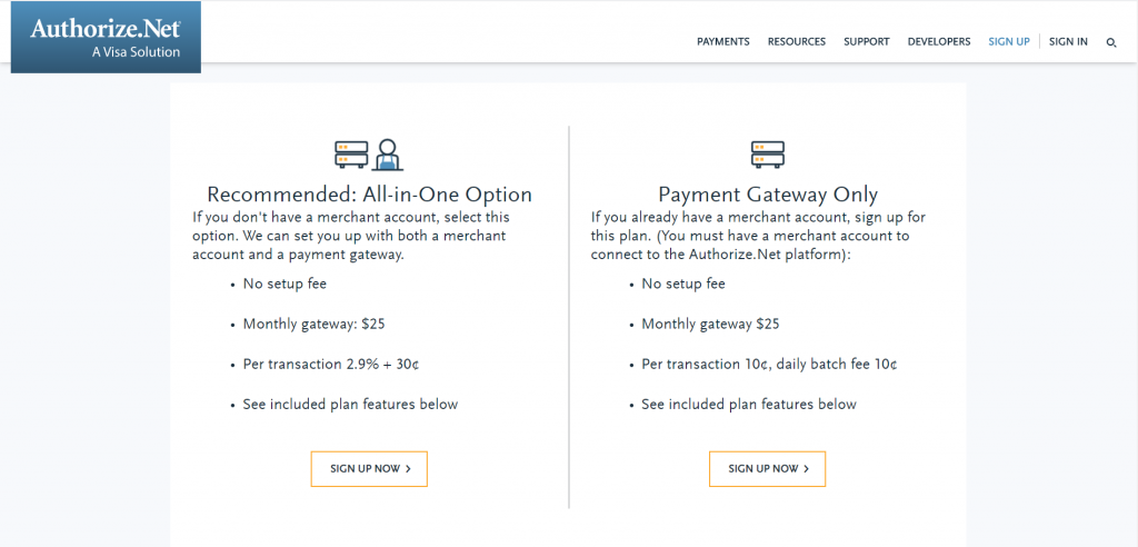 Screenshot of Authorize.net's pricing. 