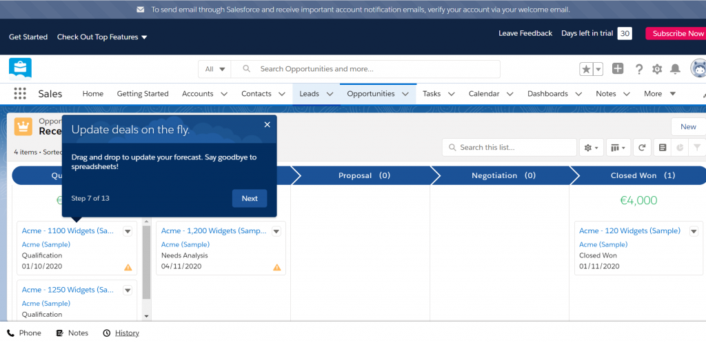 Vue du pipeline Salesforce.