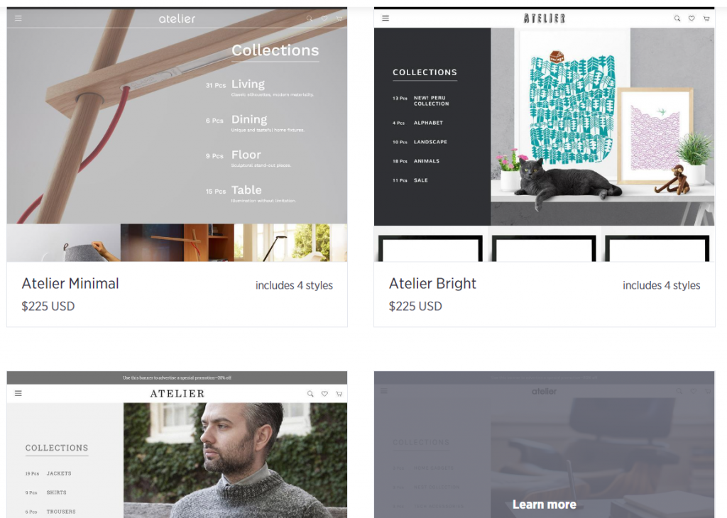 Mostrando al lector las plantillas del tema Atelier, uno de los mejores temas de bigcommerce