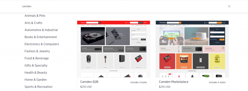 Mostrando al lector las diferentes versiones del tema ecommerce de camden que tiene plantillas adecuadas para tiendas tipo marketplace de eCommece