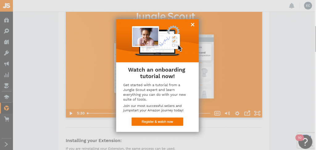 Die Google Chrome-Erweiterung von Jungle Scout beim Onboarding