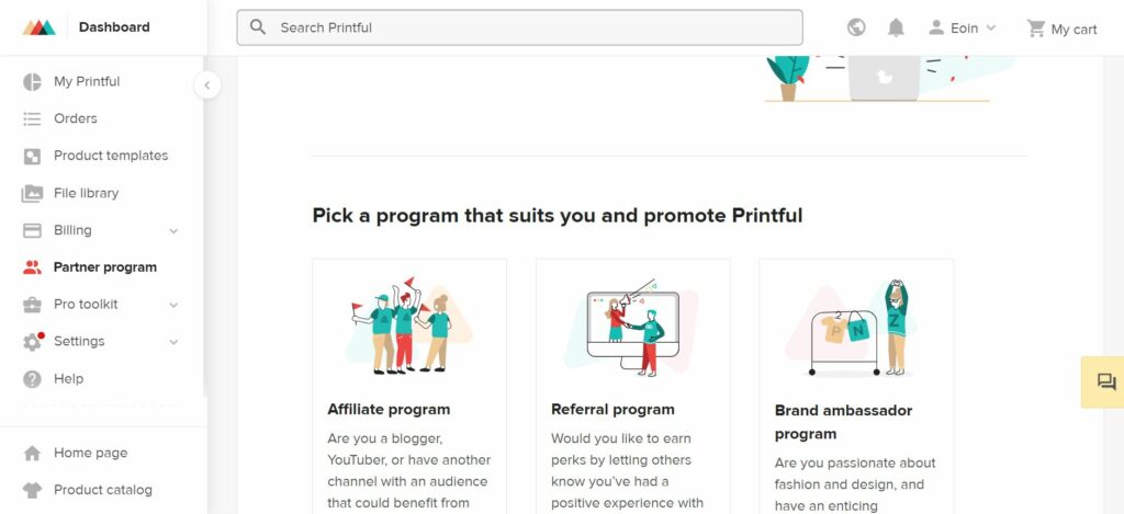 Presentación de los programas de recomendación de Printful tanto para afiliados como para influencers