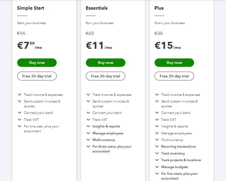 Prijzen Quickbooks