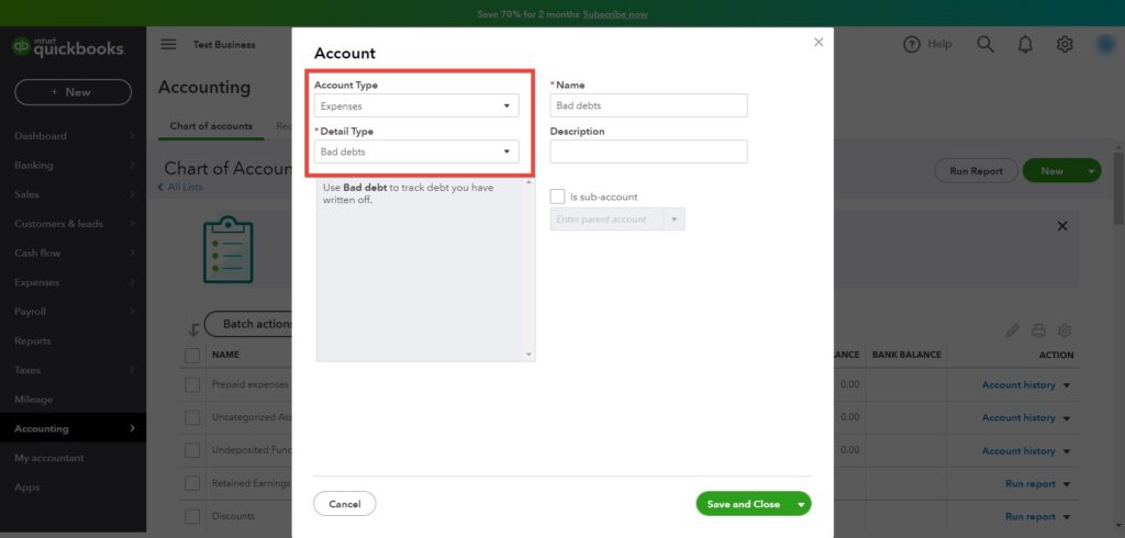 Compte de dépenses Quickbooks