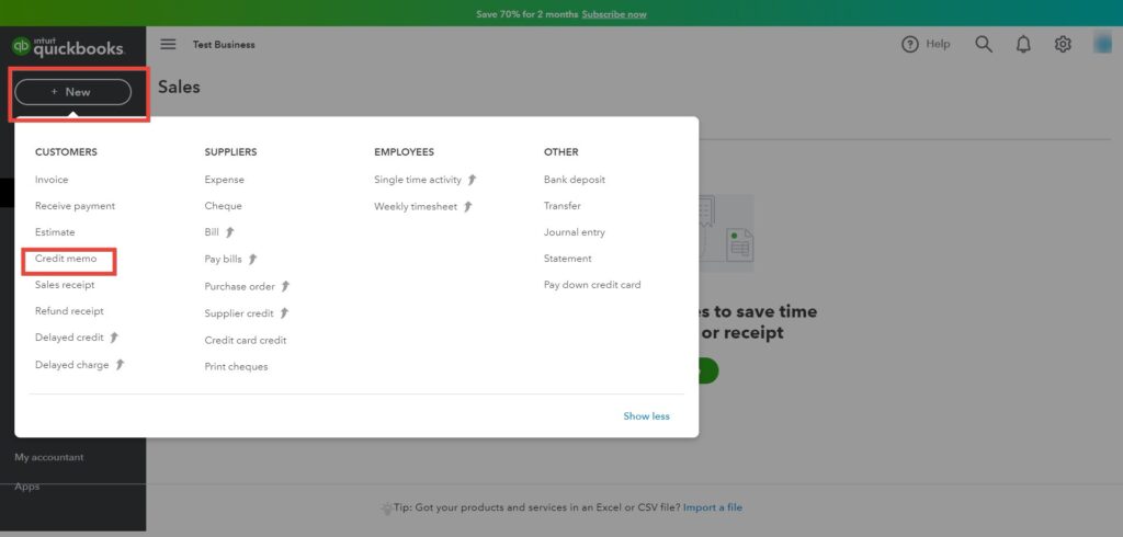 Note de crédit de Quickbooks