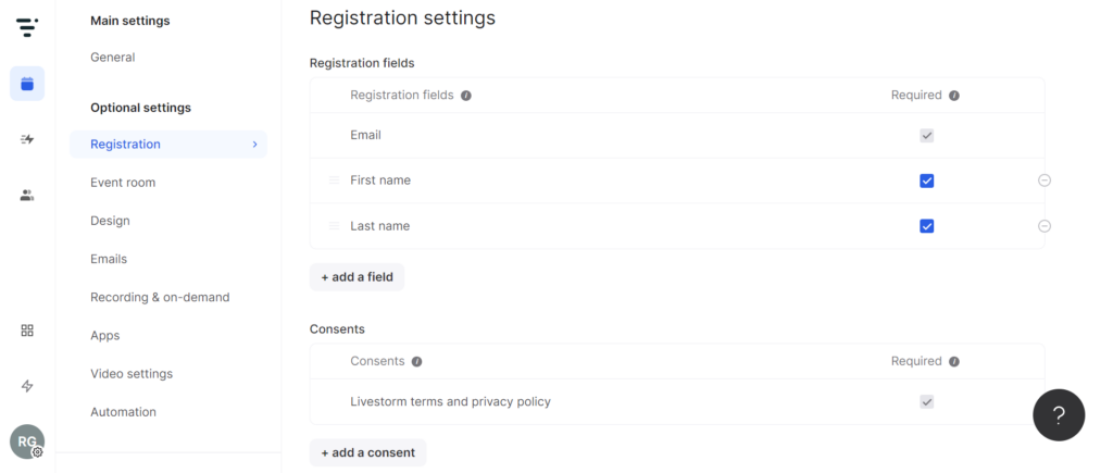 Página de registro personalizada de Livestorm