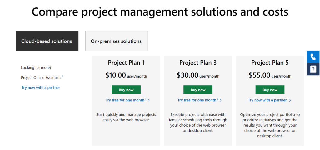 Prix des solutions Microsoft Project basées sur le cloud