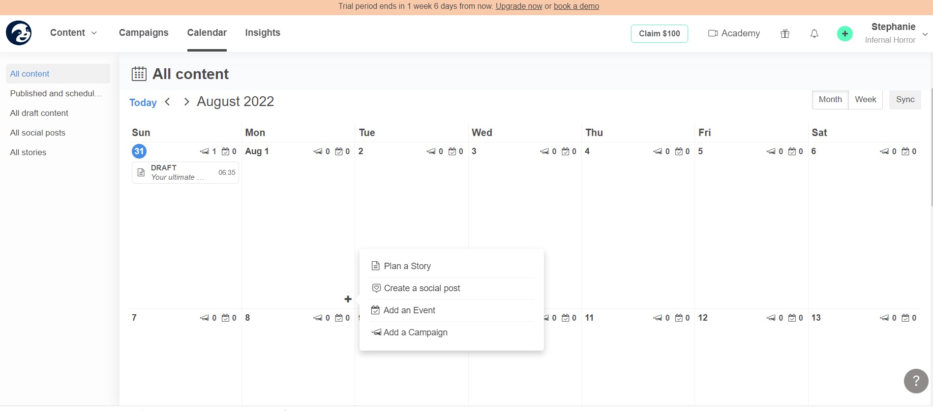 StoryChief content calendar