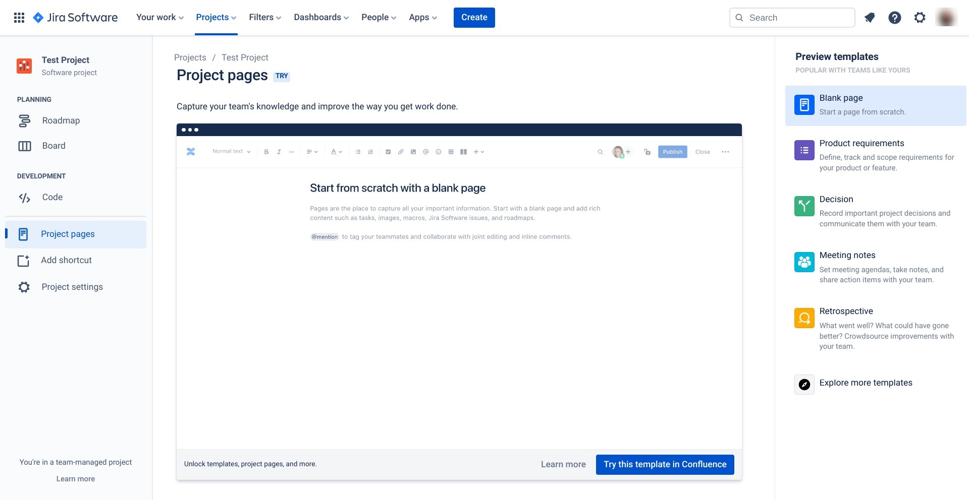 Pages du projet jira