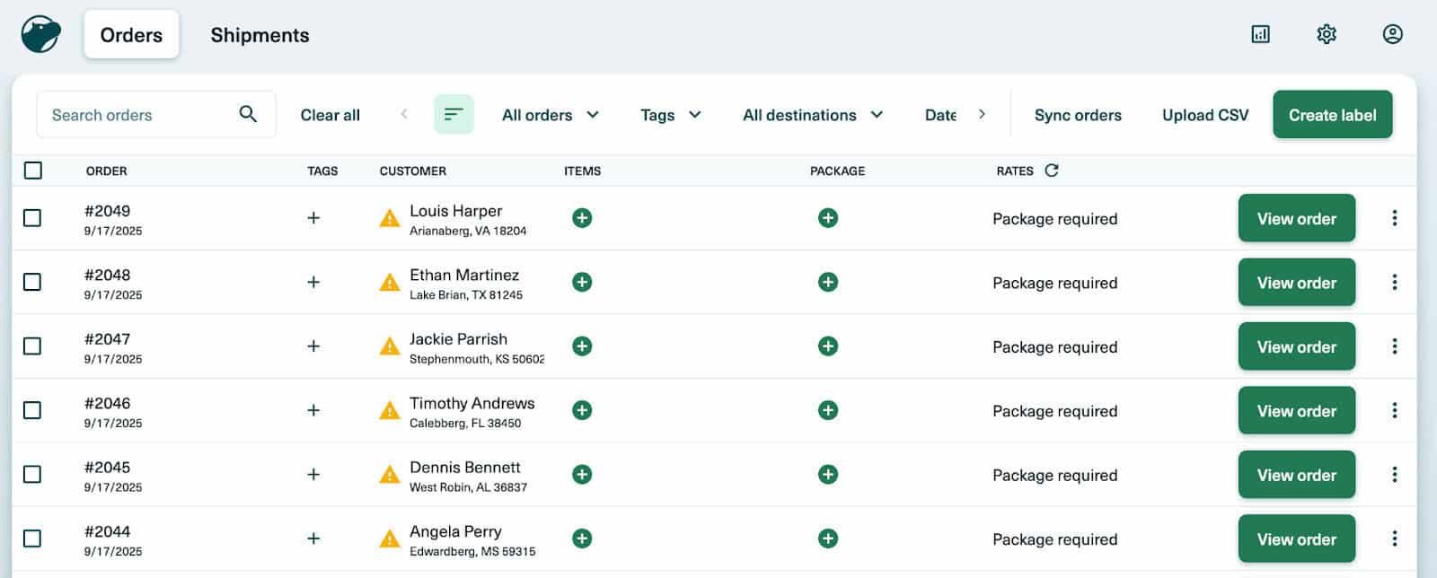Shippo Dashboard orders