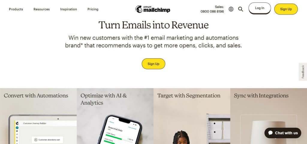 captura de pantalla de la página de inicio de mailchimp