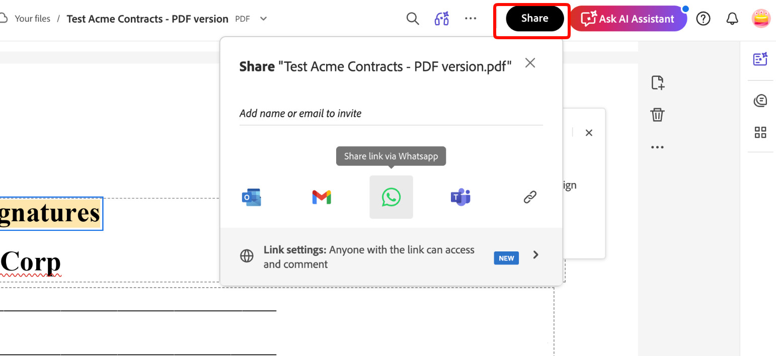 Adobe Demo share via email or a secure link