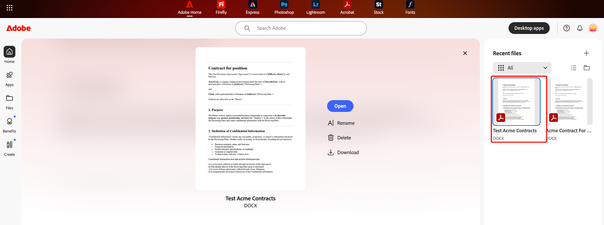 Adobe Demo click the document to open