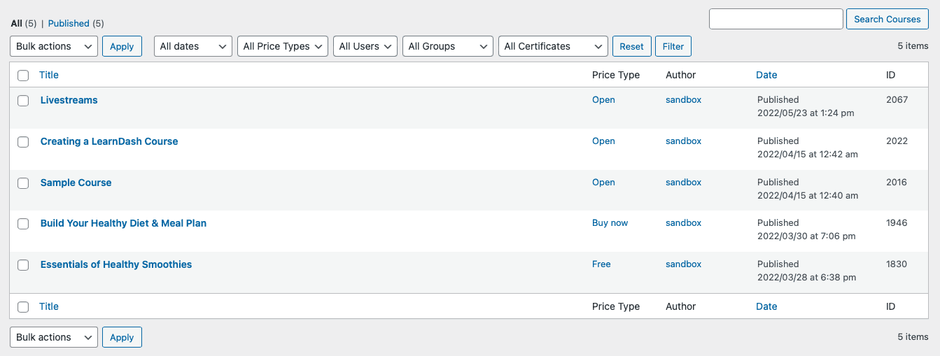 learndash cursussen backend