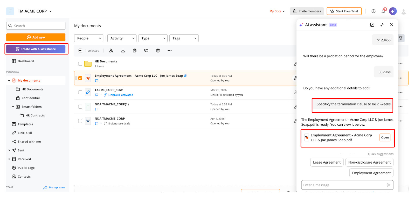 Create documents and templates with AI assistance