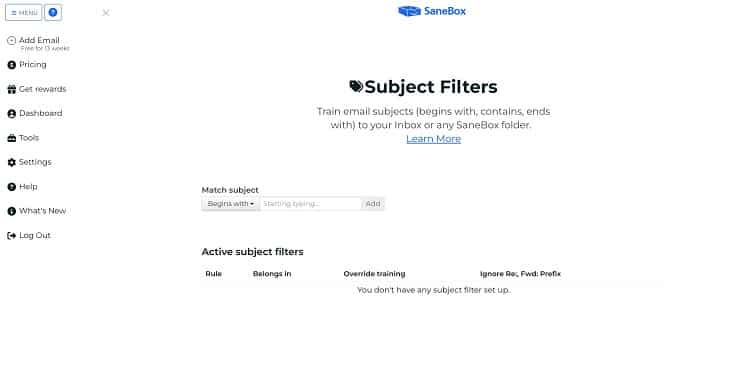 sanebox subject filters