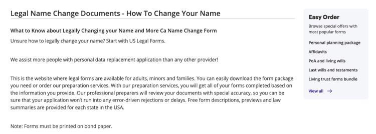 us legal la página del formulario de cambio de nombre
